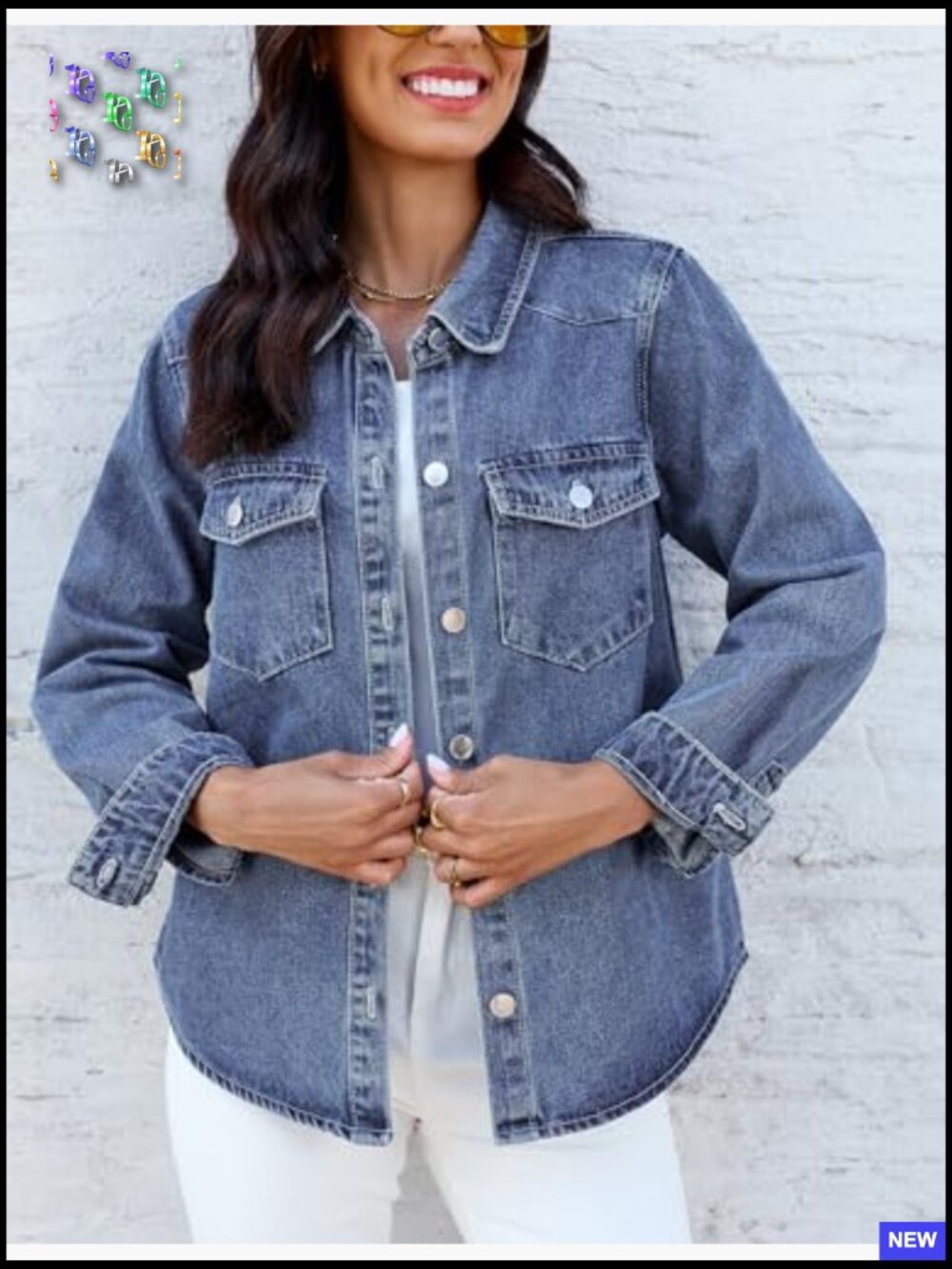 Distressed Denim Jacket Relaxed Fit Button Down Trucker Shacket Long Sleeve - Picture 6 of 7